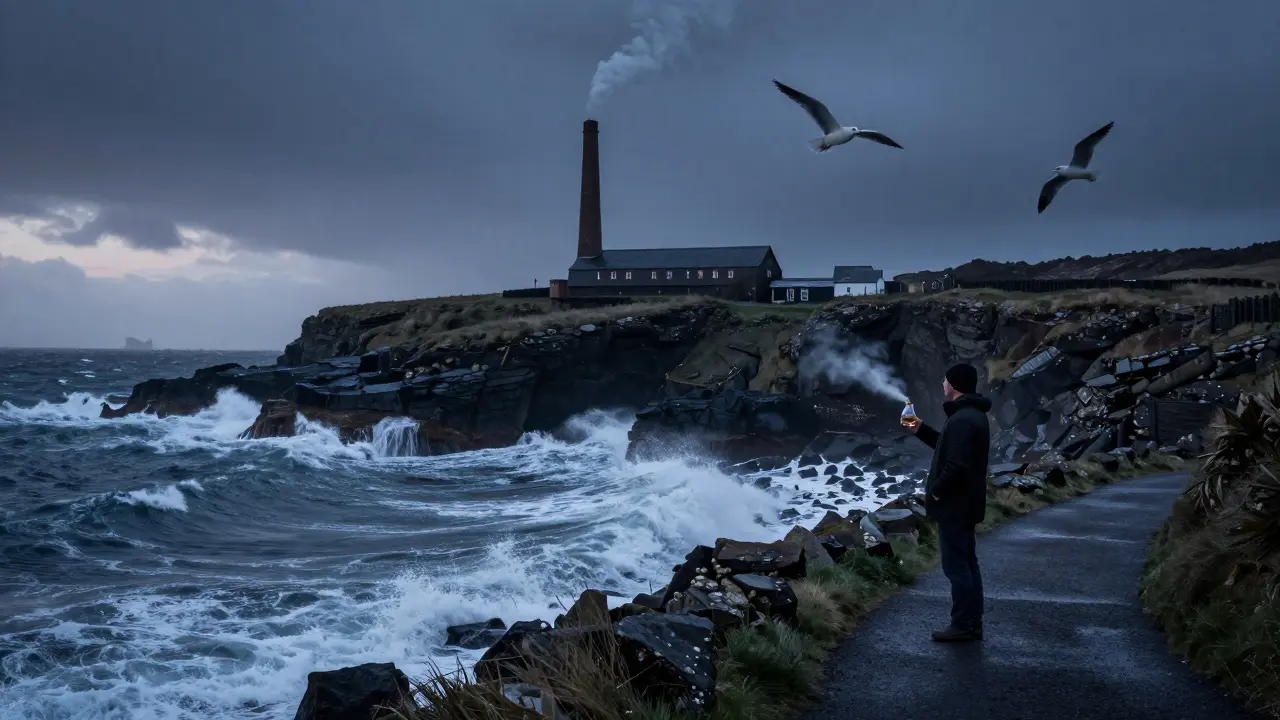 Stormy Islay coastline with Lagavulin Distillery smoking against crashing waves and dark cliffs.