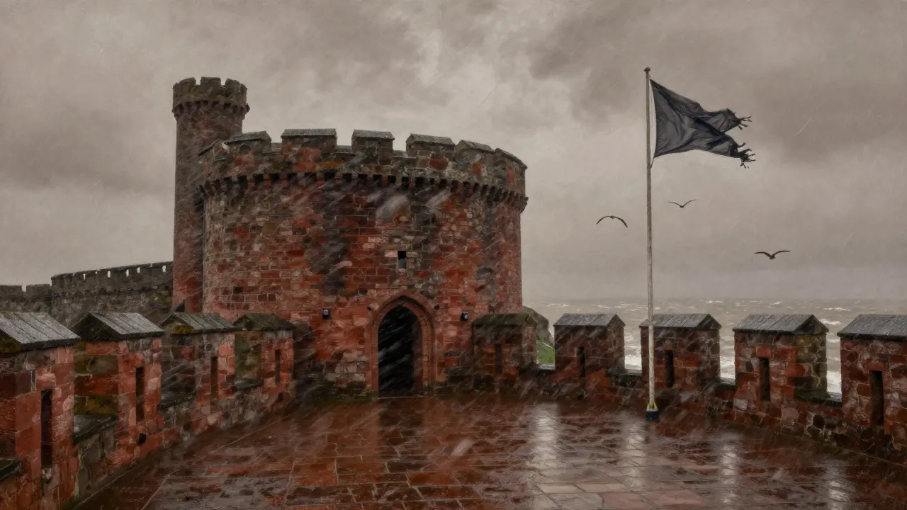 Tantallon Castle during a winter storm, wind whipping through ruined arches as sea spray explodes against the cliffs below.