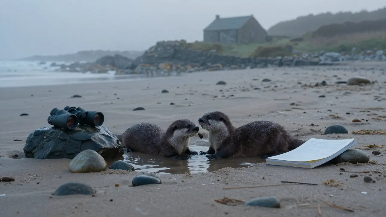 Two otters playing in a tidal pool at dawn, with binoculars and a field guide nearby on the sand.