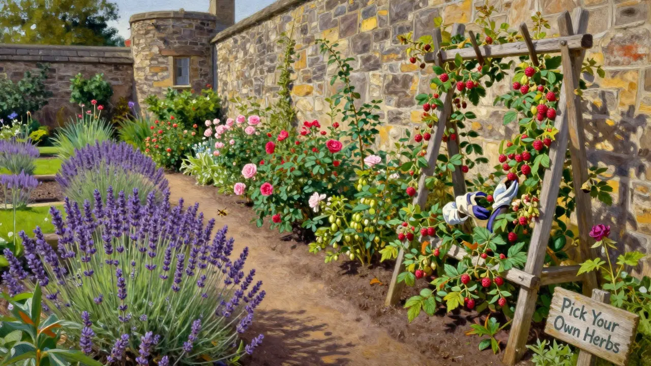 Vibrant walled garden with roses, herbs, and hands harvesting raspberries in late summer.