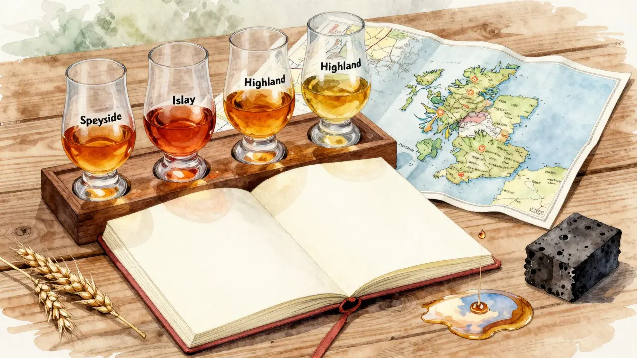 Whisky tasting notebook with three glasses and map of Scotland, barley, and peat on wooden table.