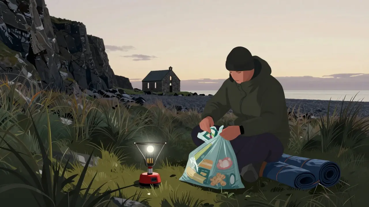 A camper packing waste into a trash bag on a remote Scottish beach, using a windproof stove at sunset.