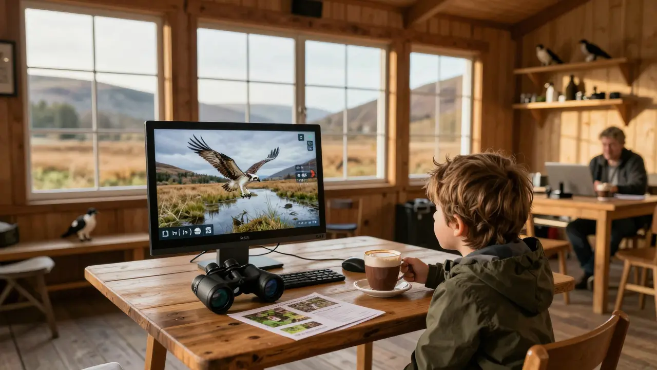 A child watches ospreys on a live webcam at Loch of the Lowes visitor center, binoculars and hot chocolate nearby.