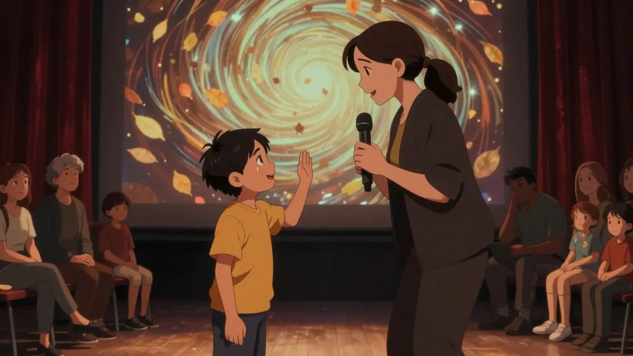 A Deaf child signing as a BSL interpreter performs on stage with falling leaves projected behind them.