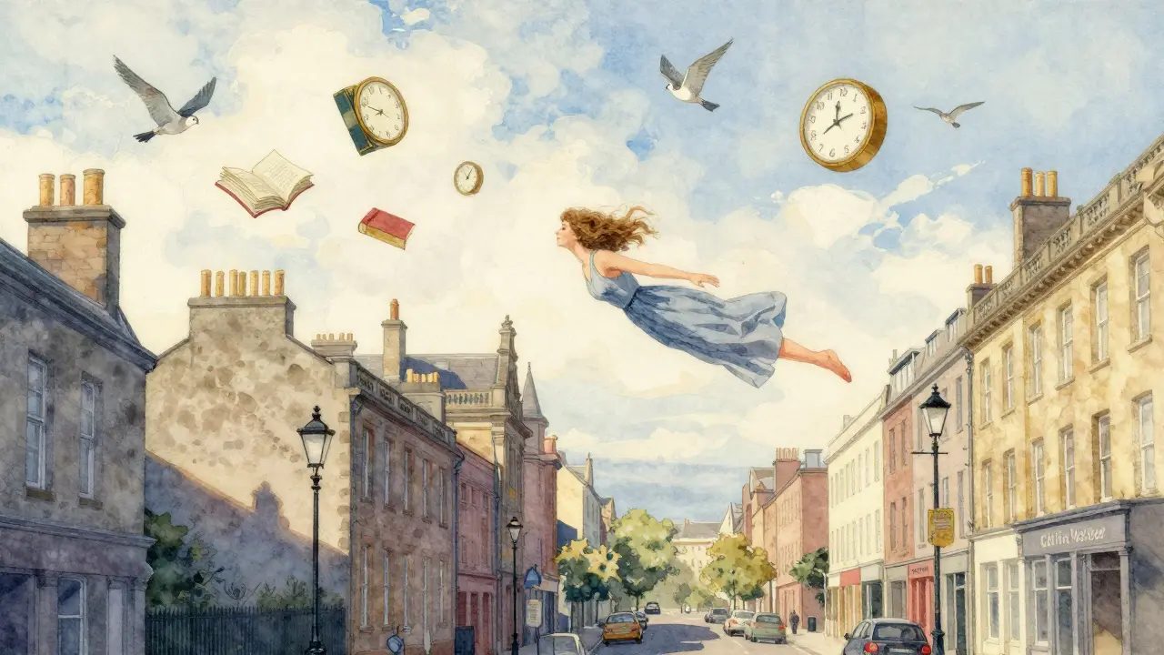 A dreamlike mural of a woman floating above Glasgow with books, birds, and clocks, painted in soft watercolor tones.