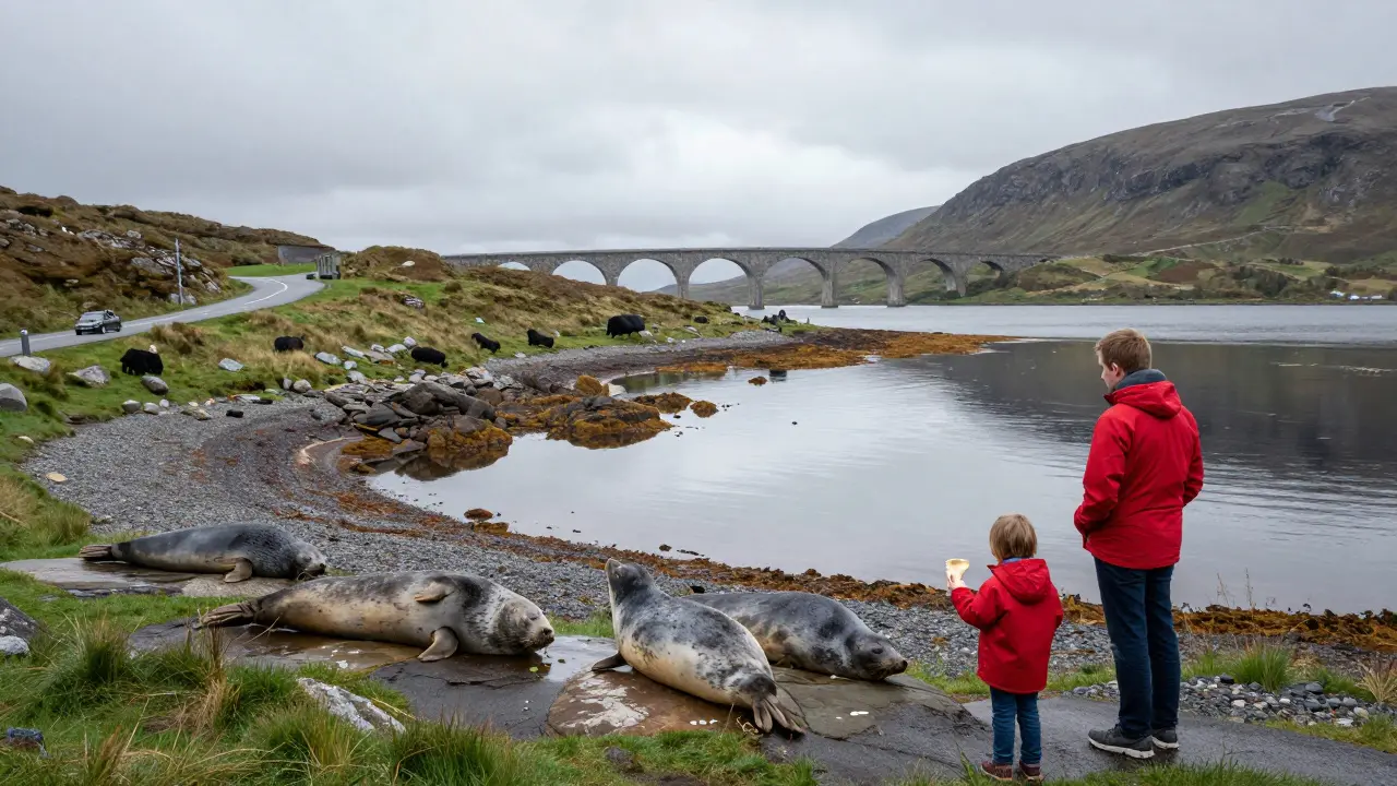 A family observes seals on rocks by Glenfinnan Viaduct, child holding bread, calm loch reflecting overcast sky.