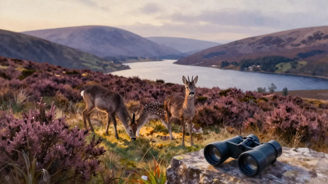A hind and her spotted calf grazing at twilight in the Cairngorms, soft light filtering through heather.