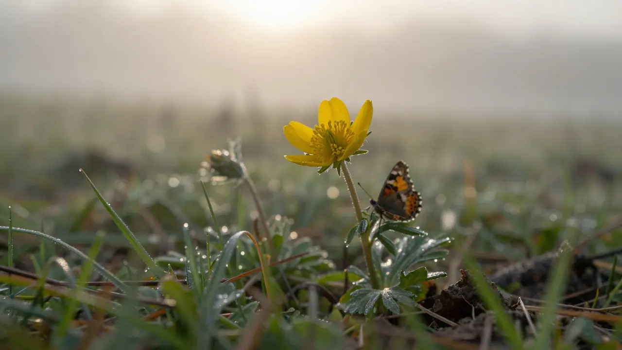 A macro view of a yellow rattle flower backlit by morning sun, with a small tortoiseshell butterfly nearby in a misty glen.