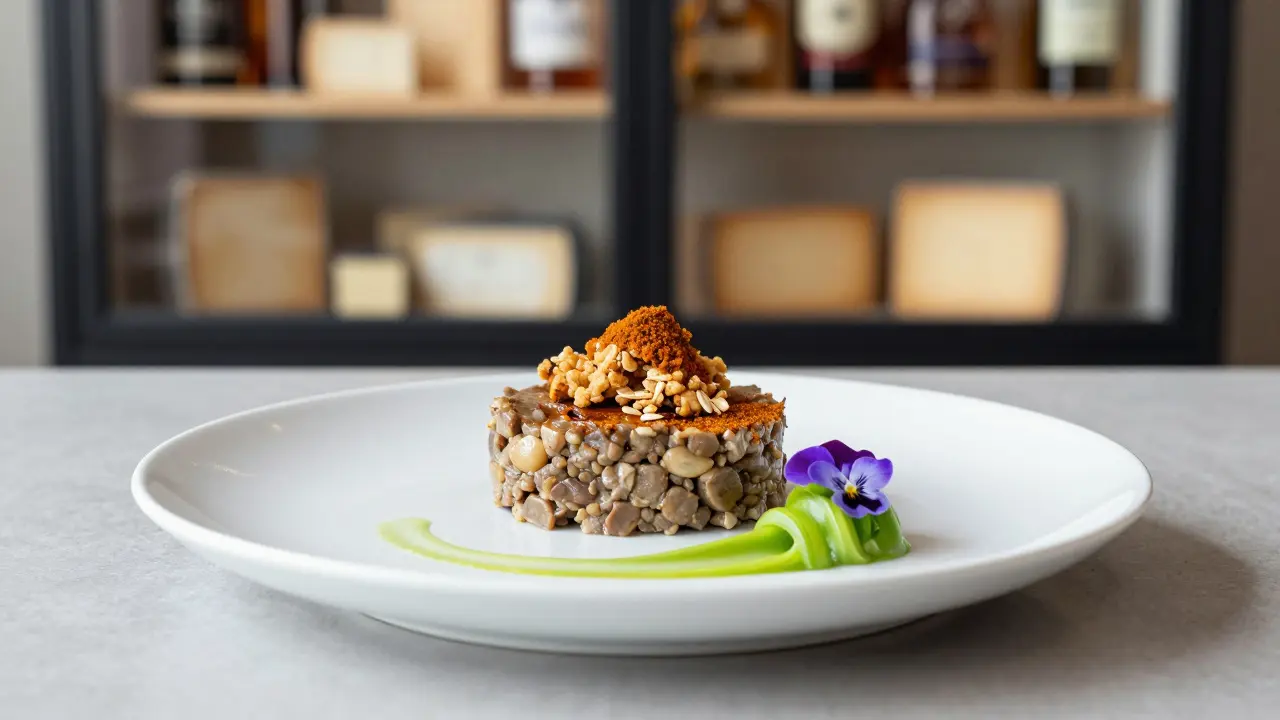 A modern deconstructed haggis dish with spice powder, oat crumble, and whipped turnips on a fine-dining plate.