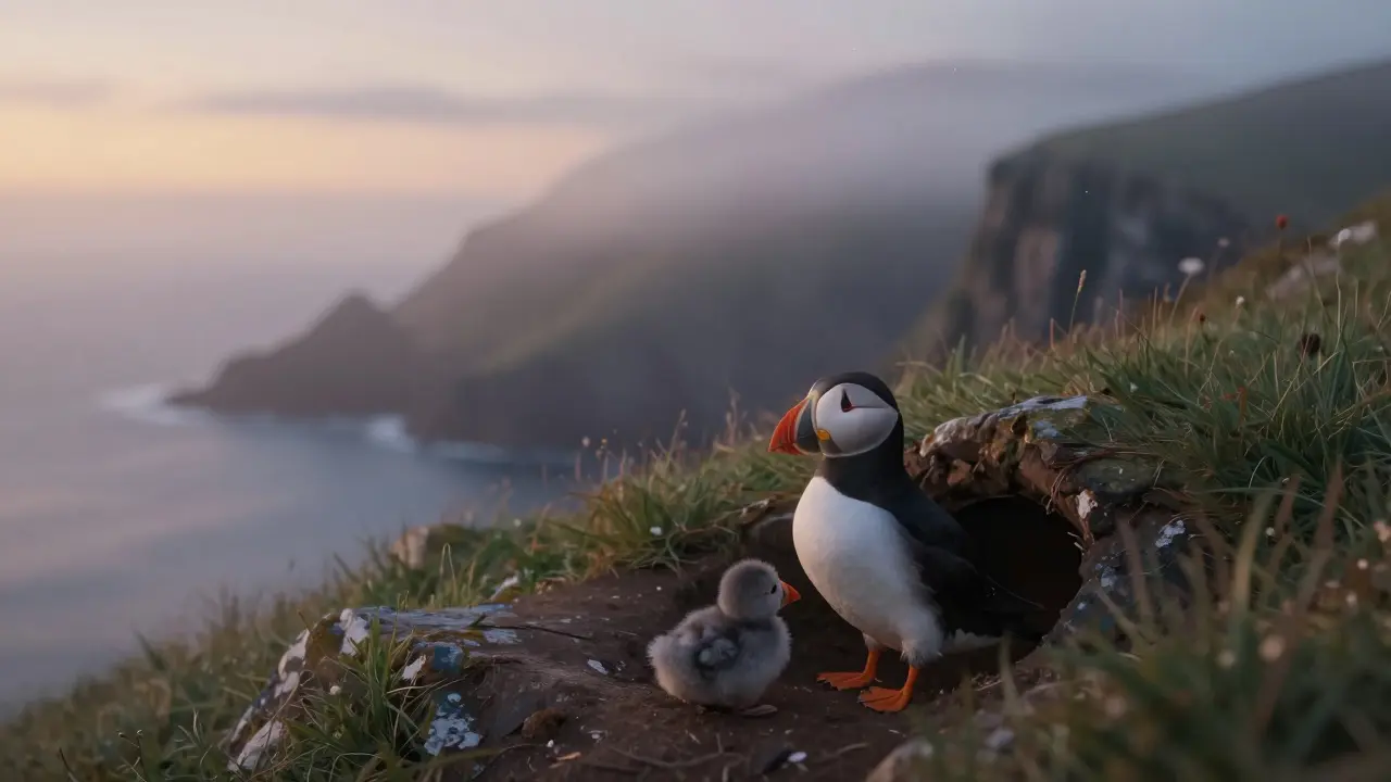 A puffin and its chick at burrow entrance at dusk on a remote Scottish island.