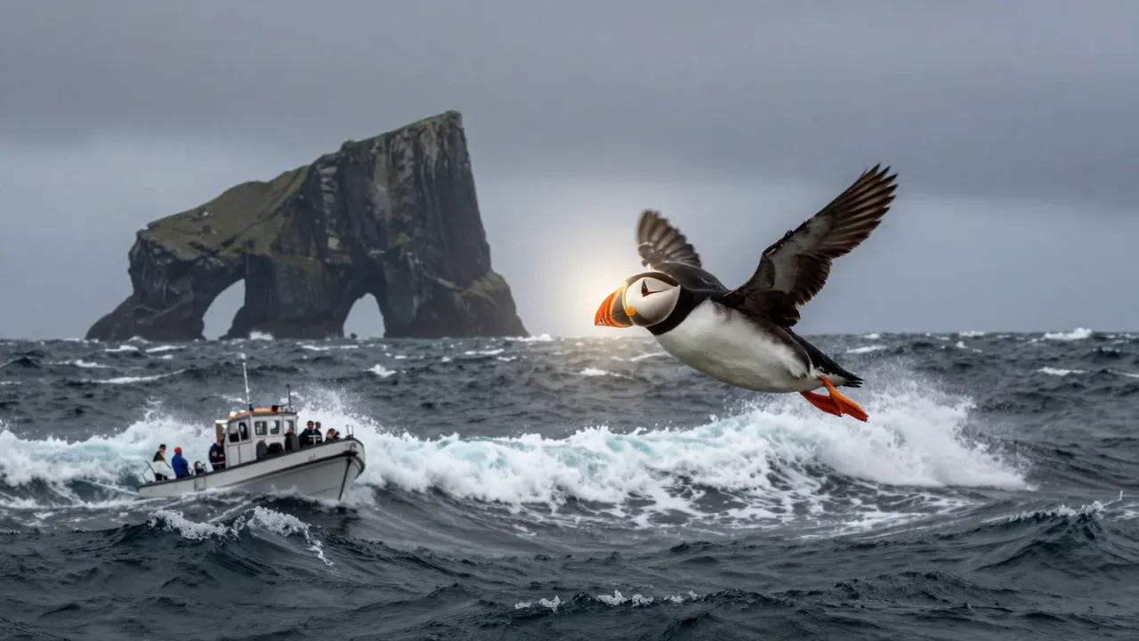 A puffin flying low over waves near Staffa with Fingal's Cave in the background.