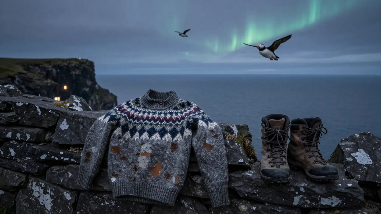 A Shetland wool sweater rests on a cliffside wall with hiking boots nearby, puffins flying past as the northern lights glow faintly overhead.