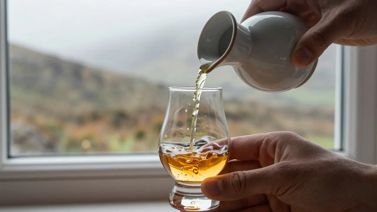 A teaspoon of spring water being poured into amber whisky to release its aromas, set against Highland hills.