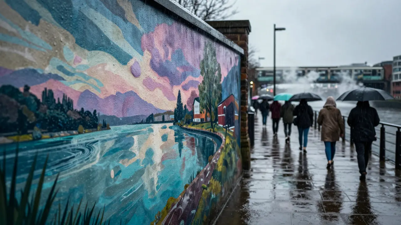 A weather-changing mural on the Clyde Walkway as rain deepens its colors, with walkers in the background under umbrellas.