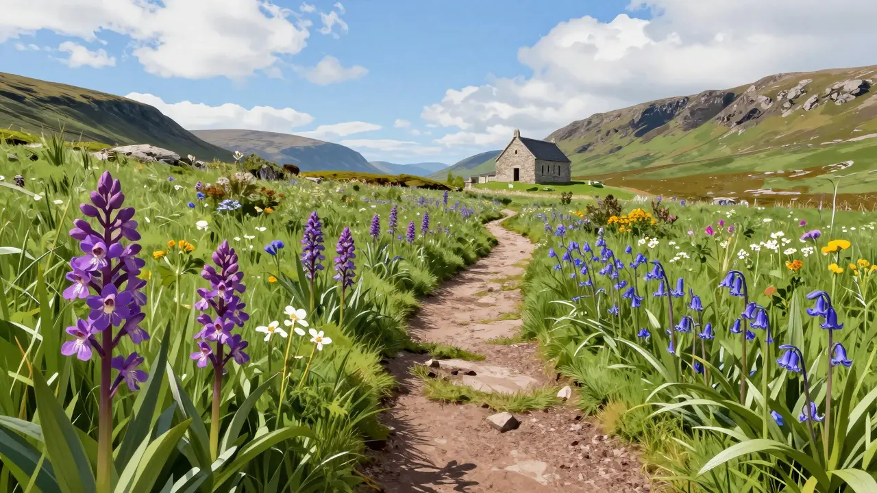 A winding trail through a protected meadow on the Isle of Mull, surrounded by orchids, bluebells, and harebells with a distant chapel.