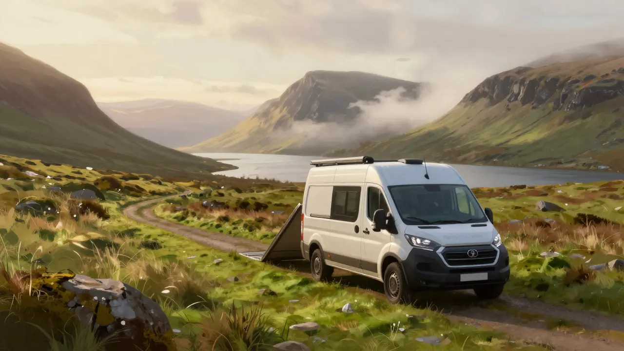 Adapted vehicle on Highland track overlooking misty mountains.