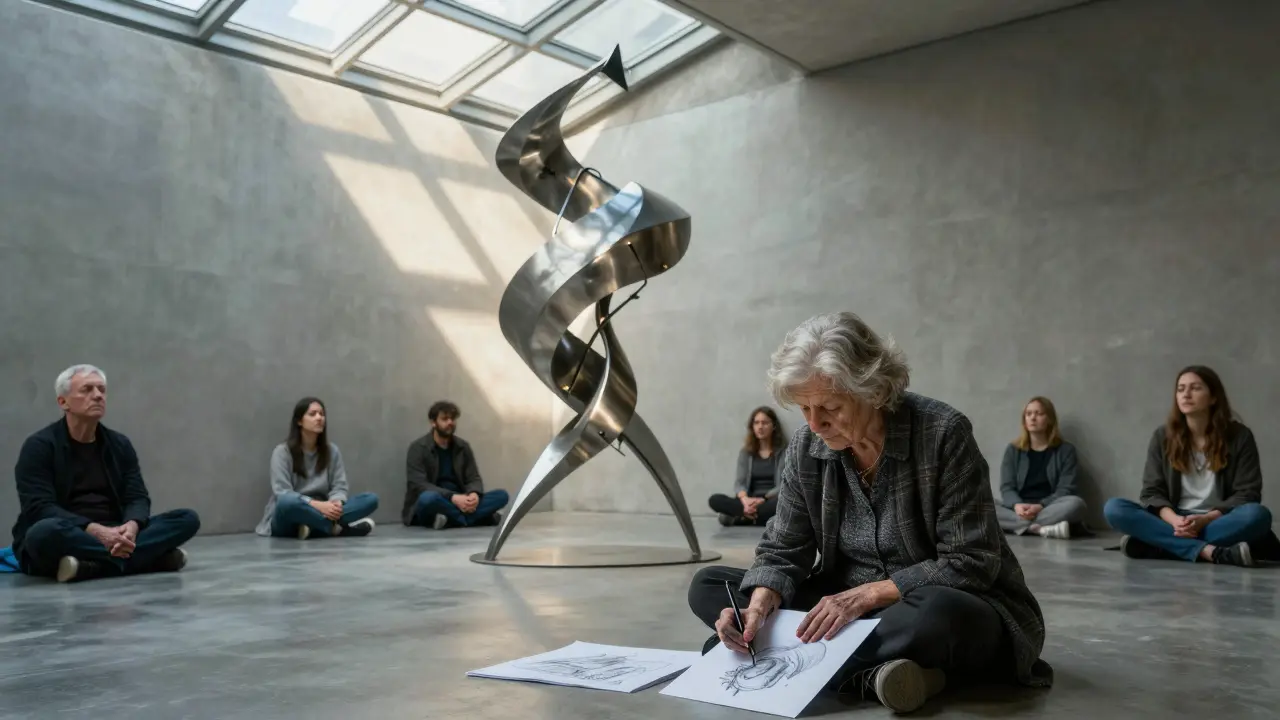 An elderly woman sketches a twisted metal sculpture in silence, surrounded by contemplative visitors in a sunlit gallery corner.