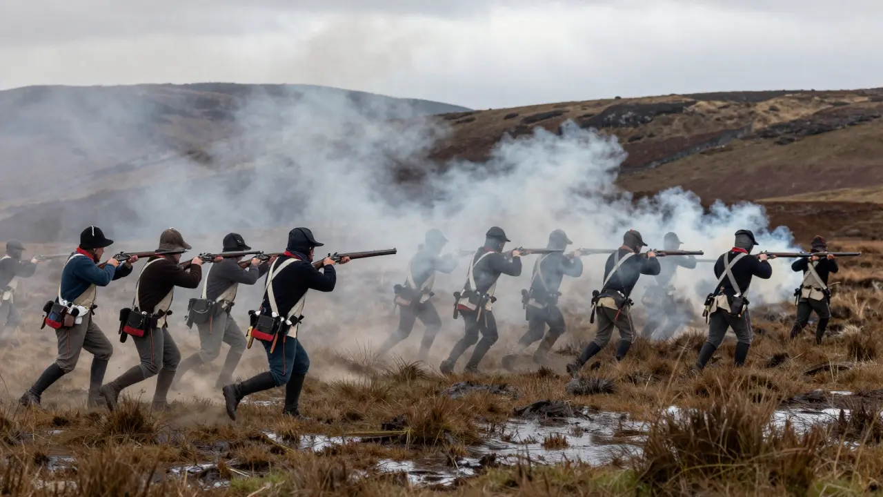 Battle reenactors firing muskets with smoke on a wet green hillside.