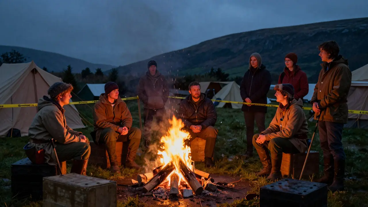 Campfire at historical encampment with spectators in rain gear watching.