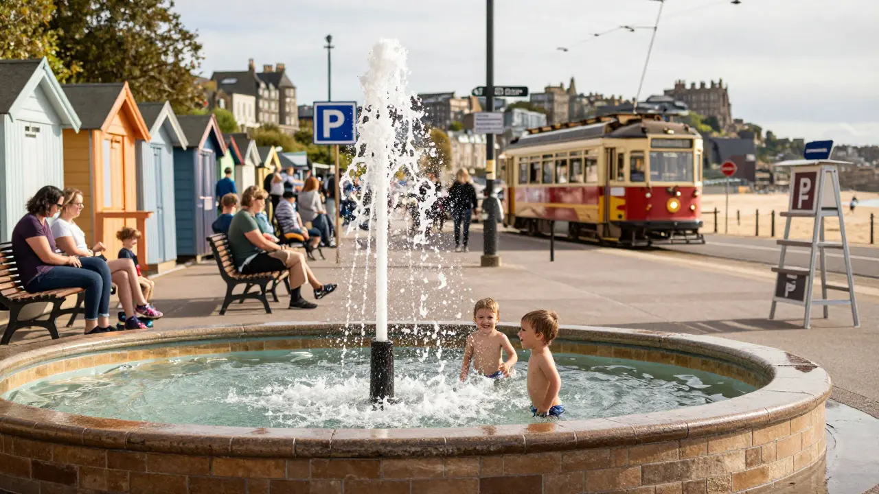 Children playing in splash zone at Portobello Beach with Victorian pool structure and tram in background.