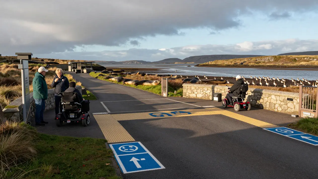 Coastal wildlife viewing platform with paved accessible pathways