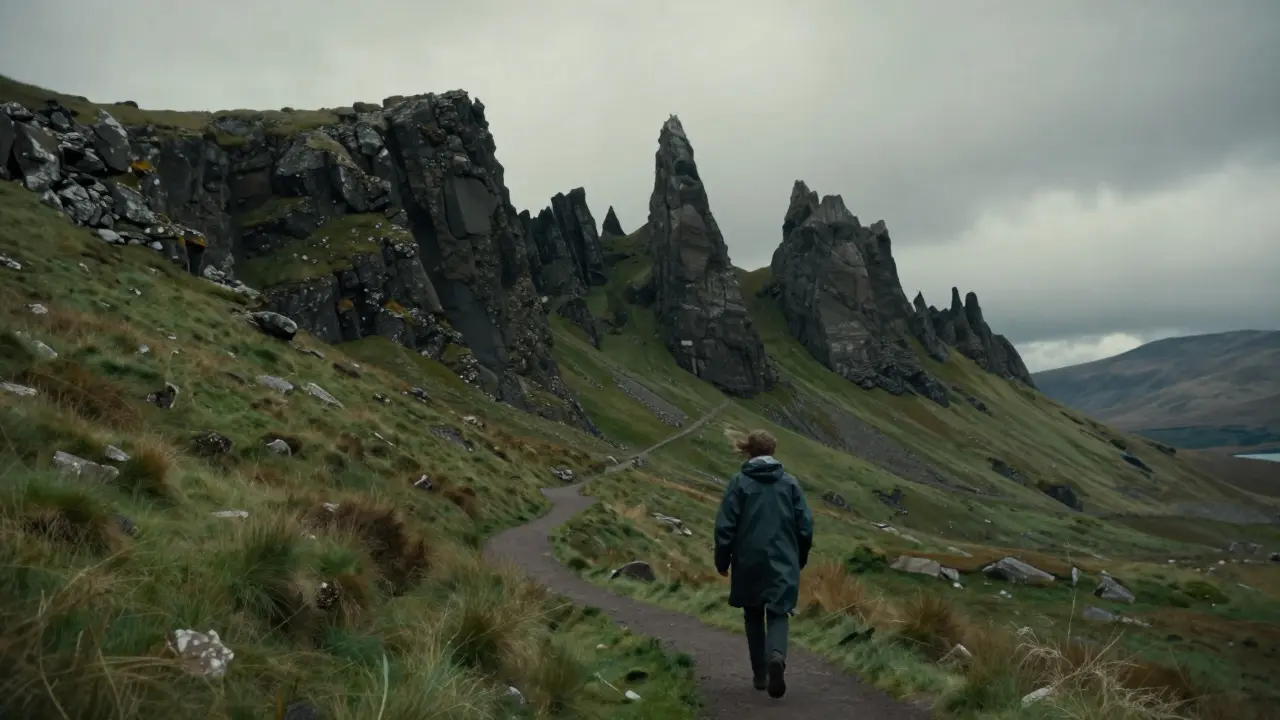 Dramatic cliffs of the Quiraing on Skye, with a lone hiker walking the trail below jagged rock formations under stormy skies.