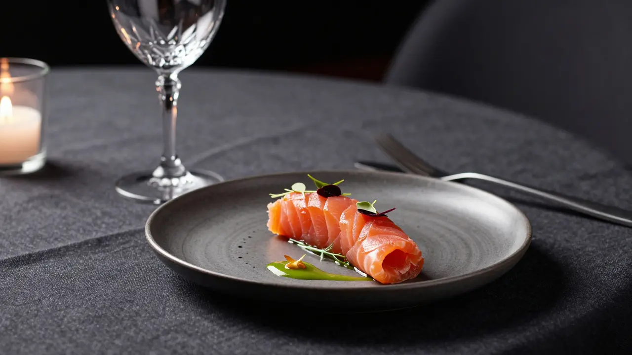 Elegant fine dining plate with artistic seafood plating and a wine glass on a dark table.