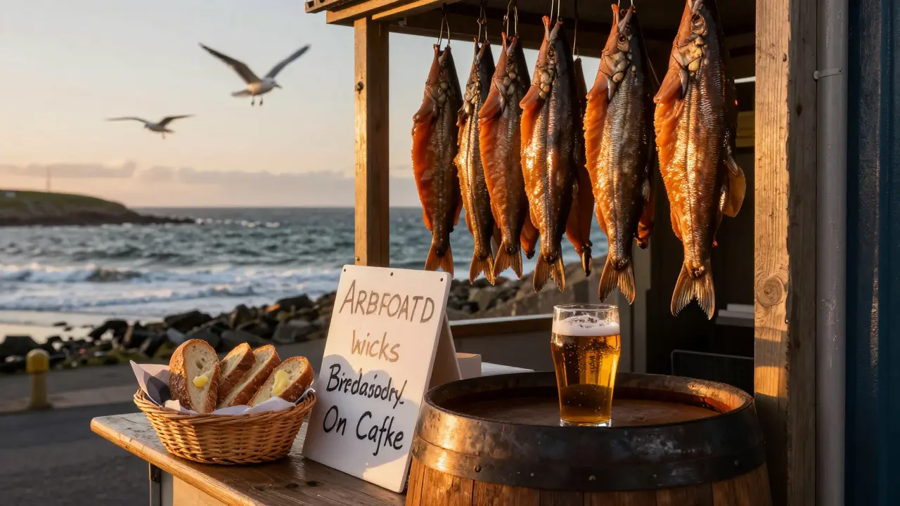 Freshly smoked Arbroath smokies hanging in a barrel at a coastal fishmonger's stall at sunset.