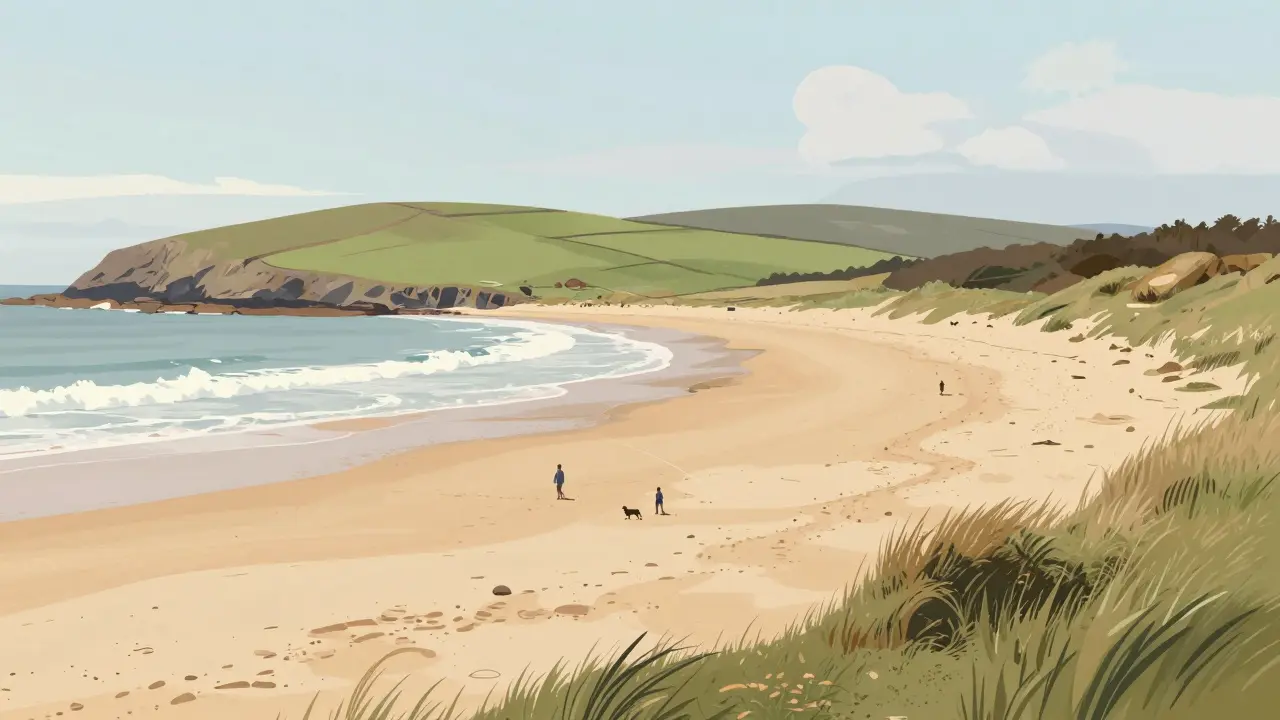 Golden sandy Lyth Beach with shallow waves and coastal dunes.