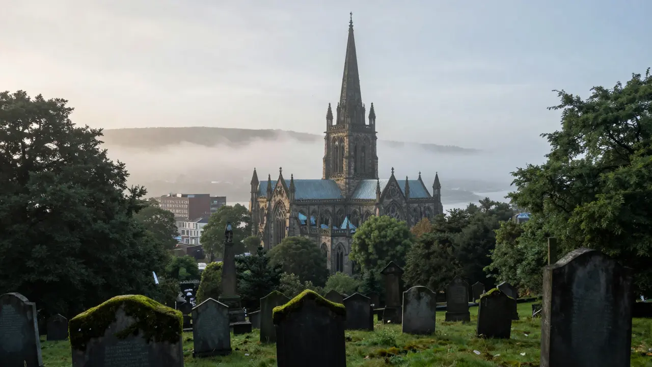 Gothic stone spires of Glasgow Cathedral rise through morning mist above the historic Necropolis cemetery grounds.