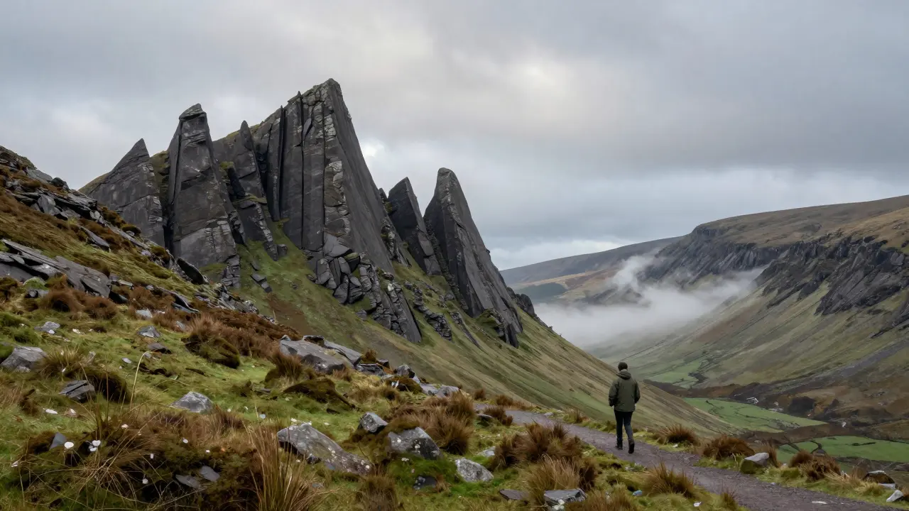 Hiker walking along the dramatic ridges of the Quiraing with mist swirling in the valleys below.
