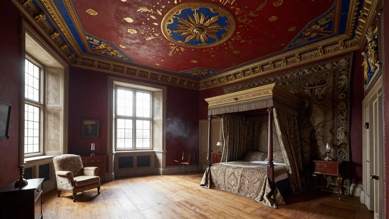 Interior of Stirling Castle's King's Bedroom with ornate painted ceiling and oak floorboards.