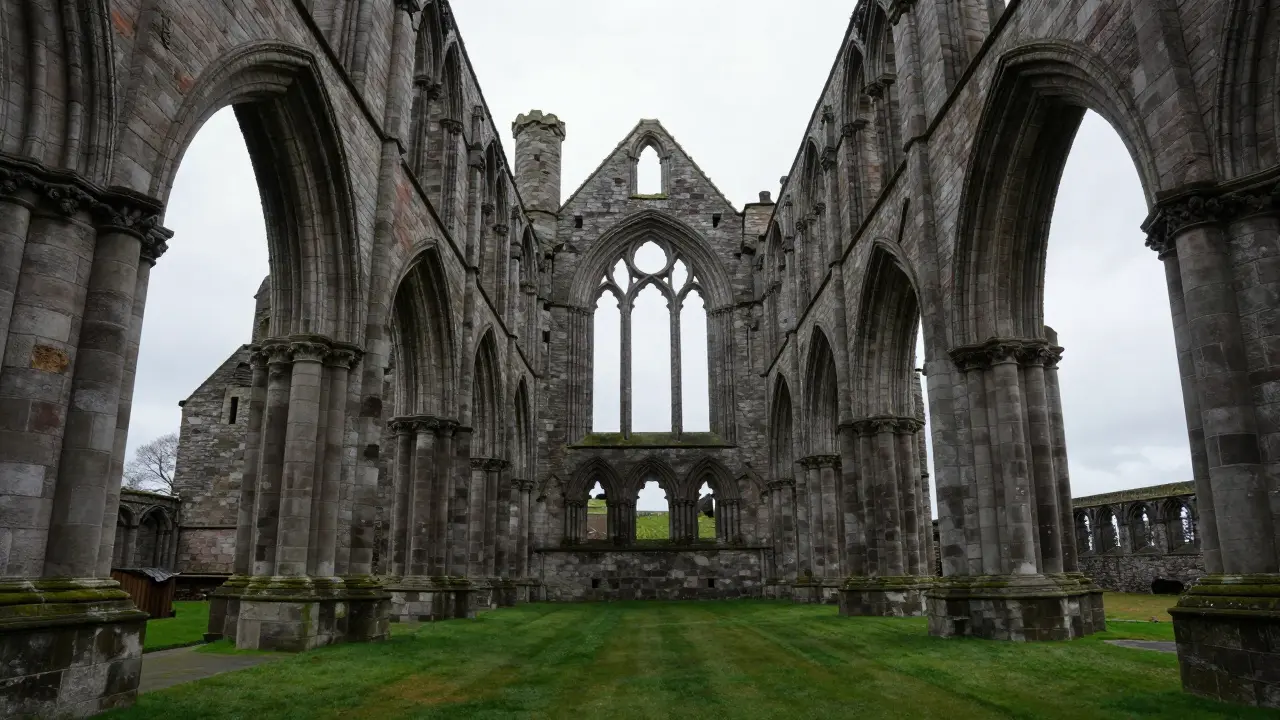 Interior view of Dornoch Cathedral ruins with Gothic arches.