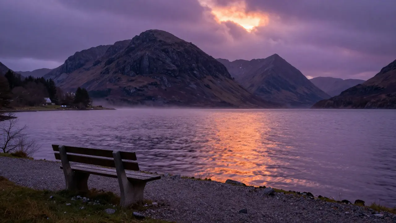 Loch Linnhe at twilight with Ben Nevis peaks and shimmering water reflections