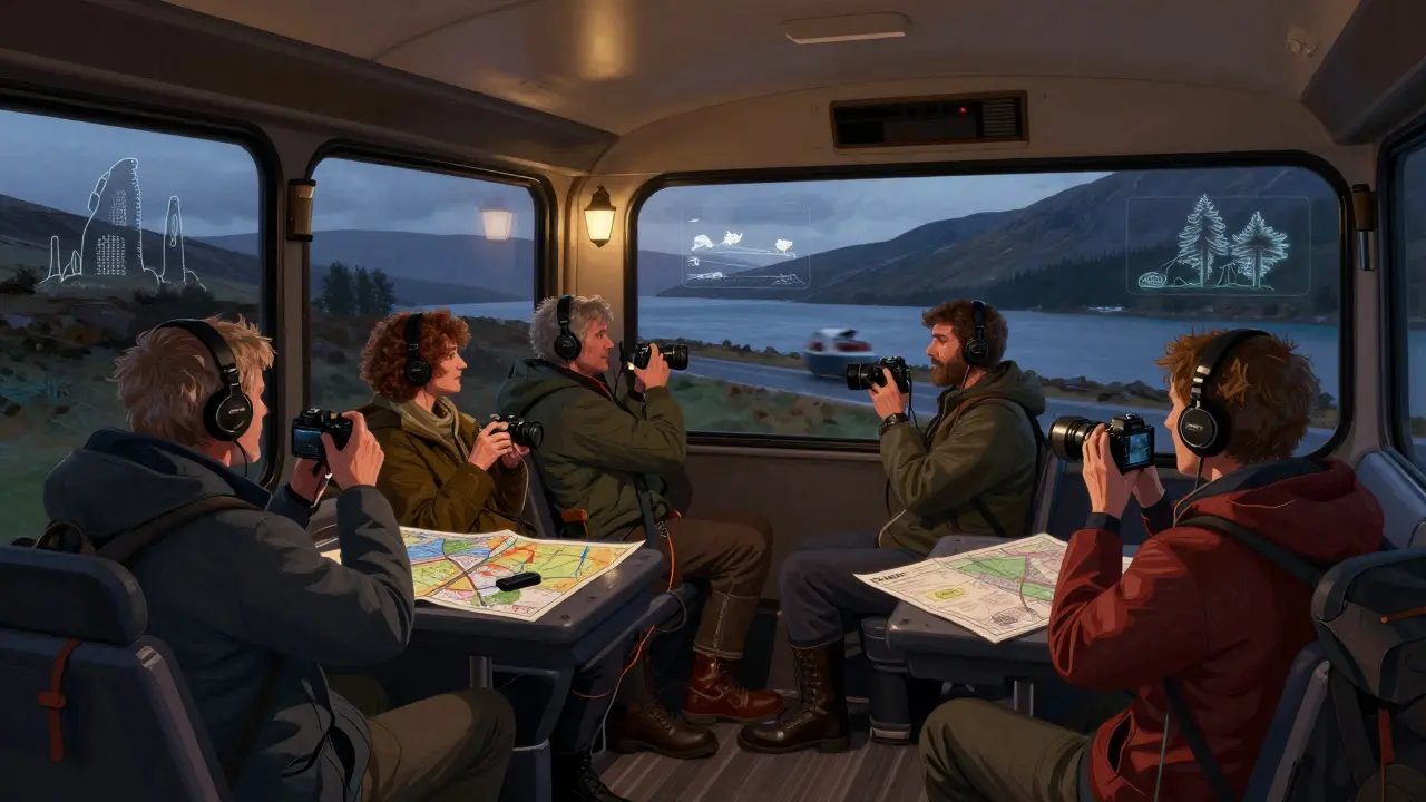 Passengers on a Highland film tour bus listening to an audio guide as the landscape passes at dusk.