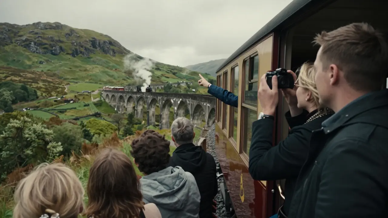Passengers on a steam train watching the Glenfinnan Viaduct as mist rises over the Highlands.