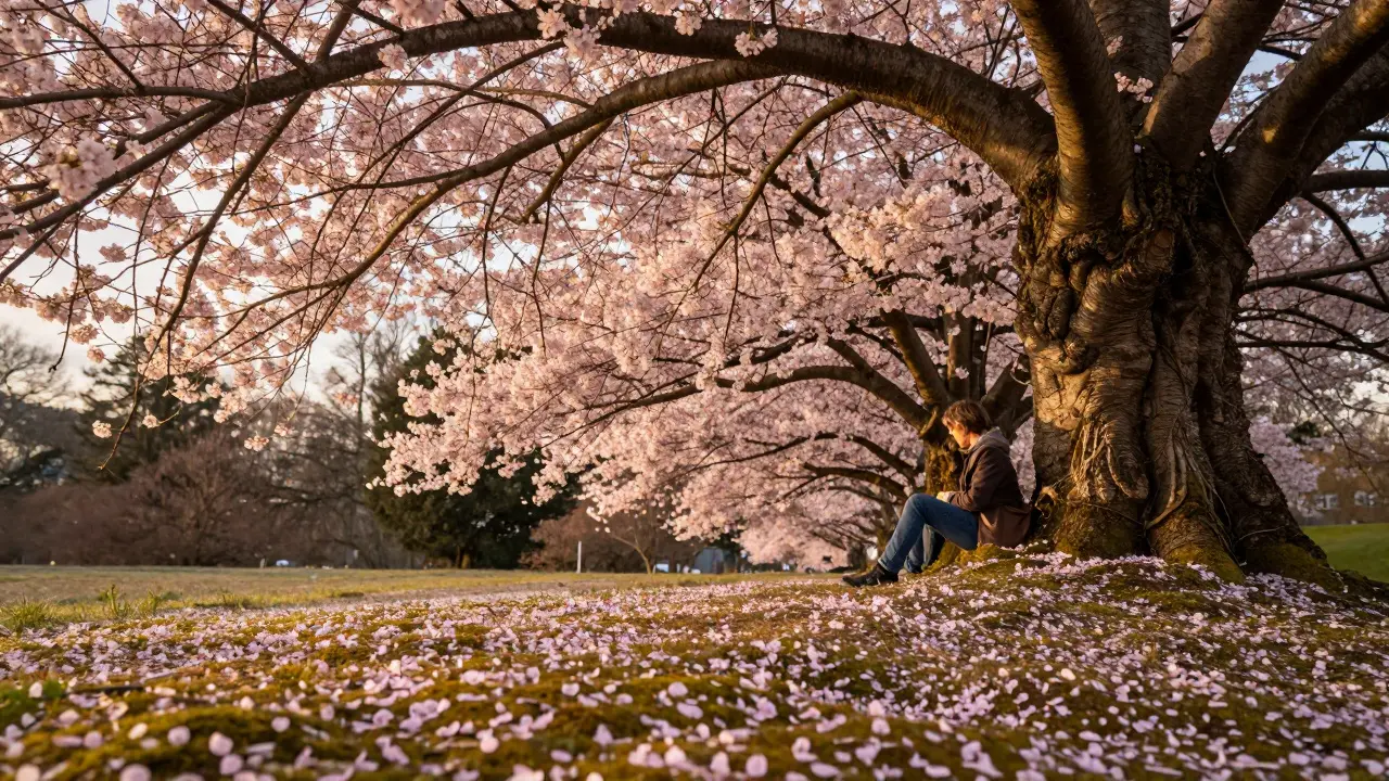 Person sitting under cherry tree surrounded by fallen pink petals.