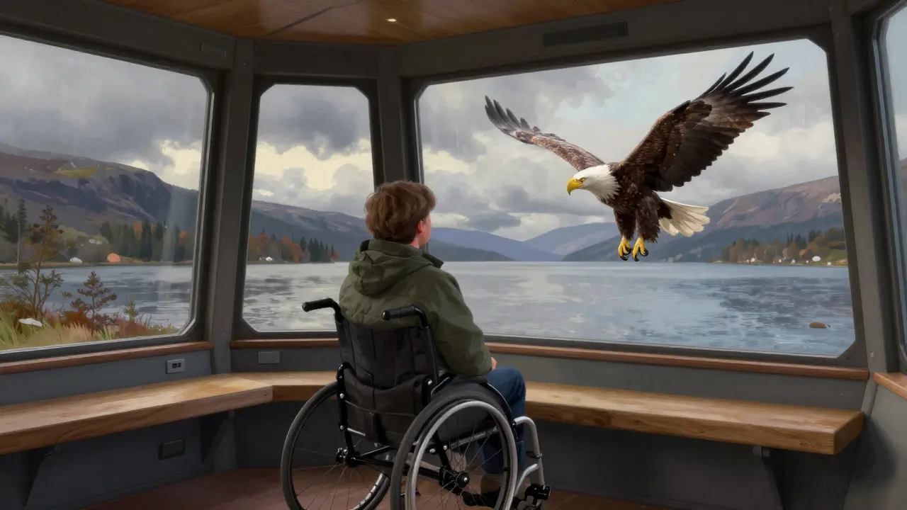Person viewing white-tailed eagle from modern wildlife hide window
