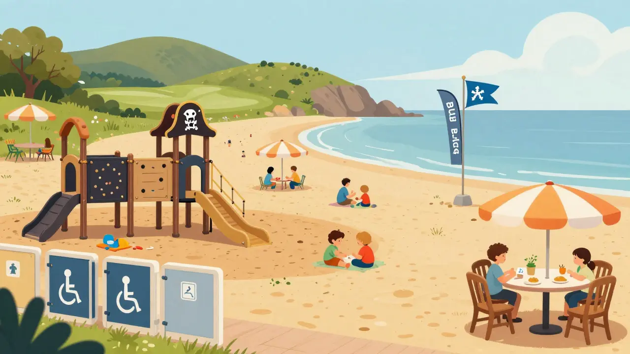 Pirate-themed playground and calm beach at Troon with Blue Flag and café nearby.