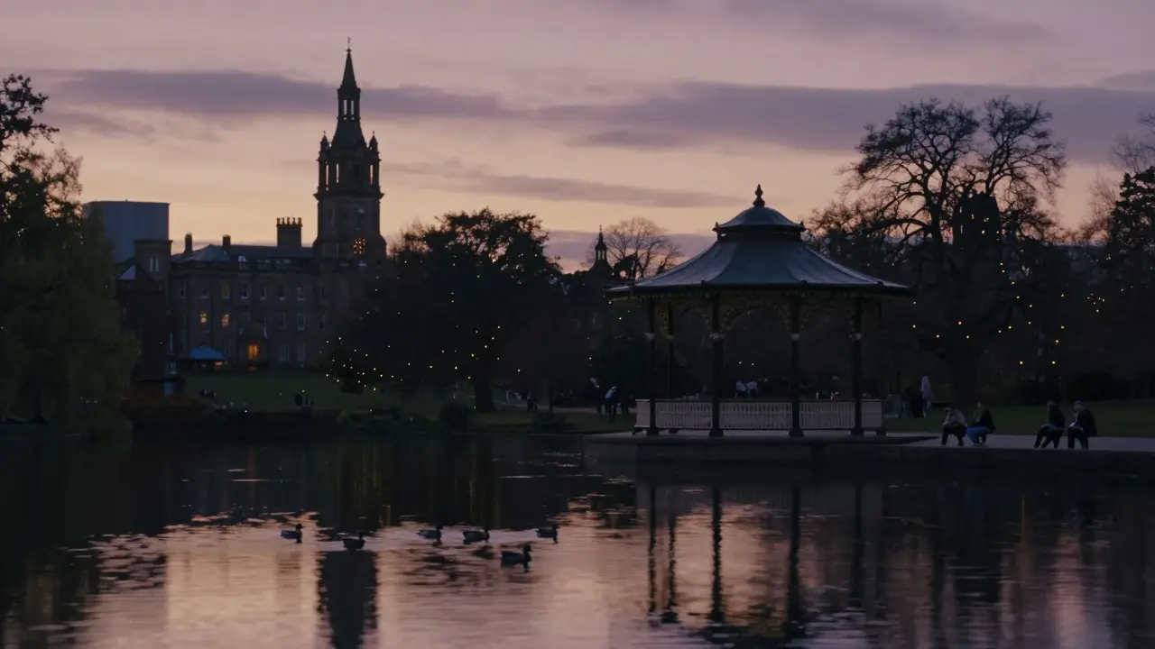 Queen’s Park lake in Glasgow at dusk with silhouetted bandstand and fireflies