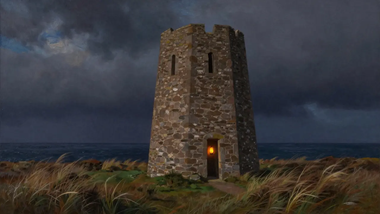 The ancient Broch of Mousa stands tall against a twilight sky, its stone walls glowing faintly with a single lantern in the doorway.