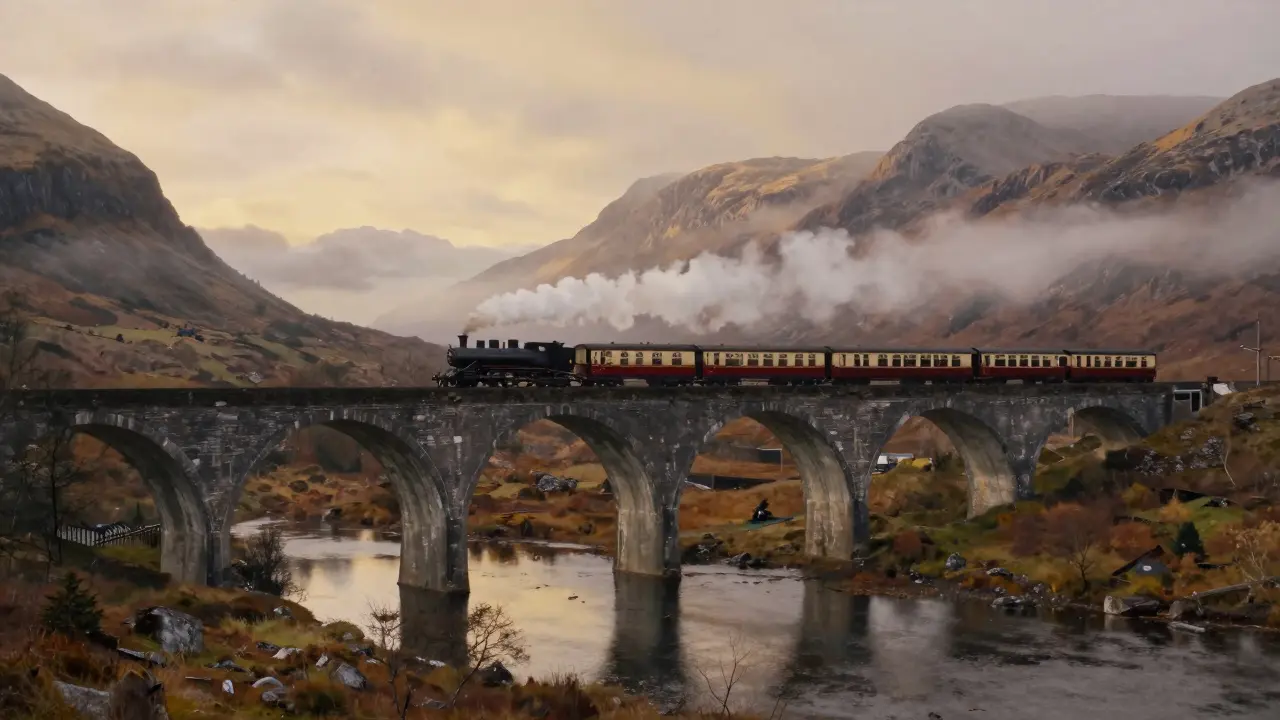 The Glenfinnan Viaduct under golden light, with steam rising from the train crossing above Loch Shiel in the Scottish Highlands.