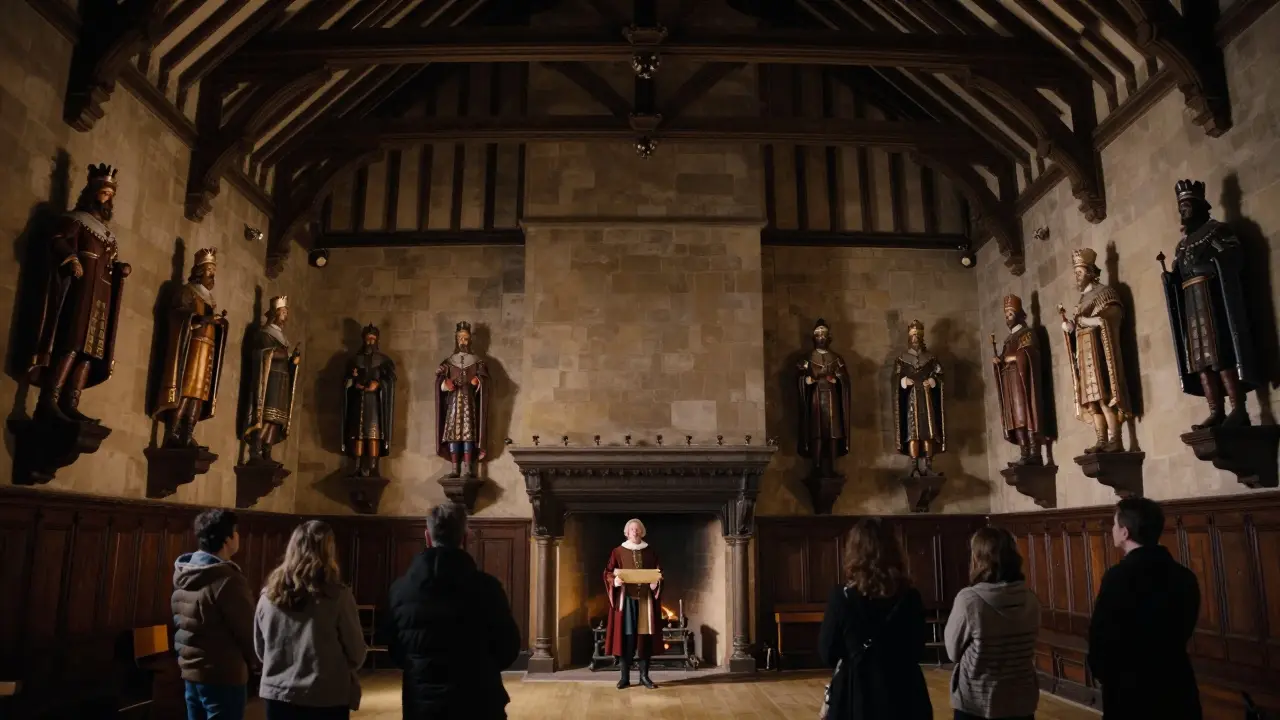 The Great Hall of Stirling Castle with wooden statues of kings under a hammerbeam roof.