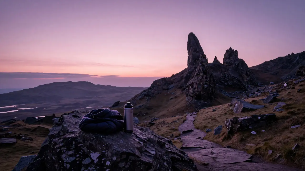 The Old Man of Storr at twilight, silhouetted against a pink sky, with an empty trail and thermos nearby.