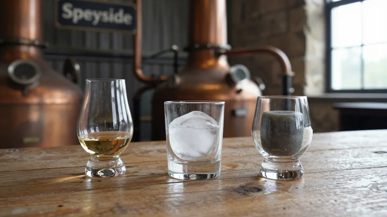 Three whisky glasses side by side: one with water, one with ice, one with a chilling stone, on a wooden table.