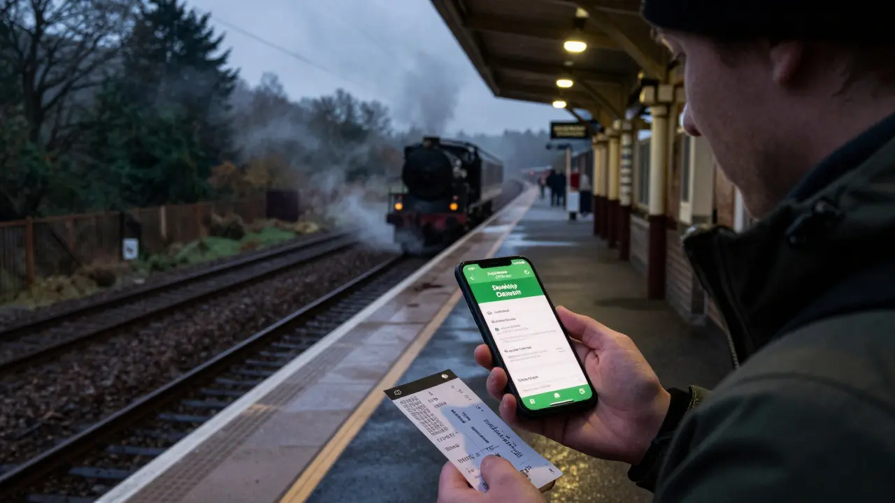 Traveler viewing real-time train delay alert on ScotRail app at a foggy Highland station at dusk.