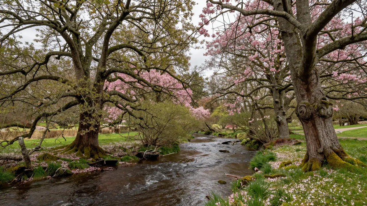 Wild cherry trees near a river in dense woodland with fallen petals.