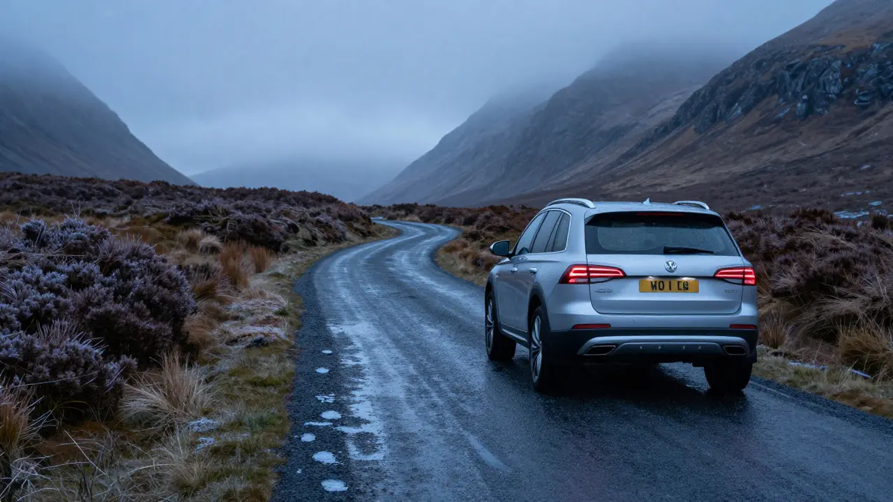 A 4x4 vehicle driving on a narrow, icy single-track road in the Scottish Highlands