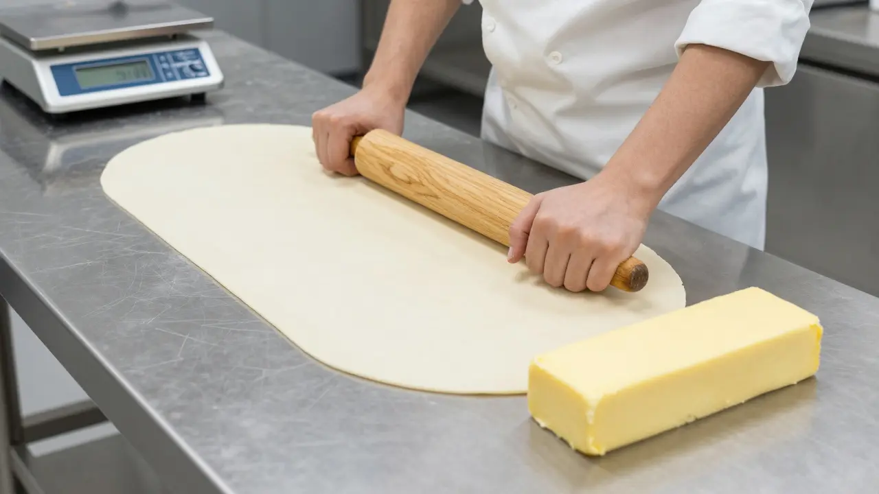 A baker folding a block of butter into puff pastry dough during a professional workshop