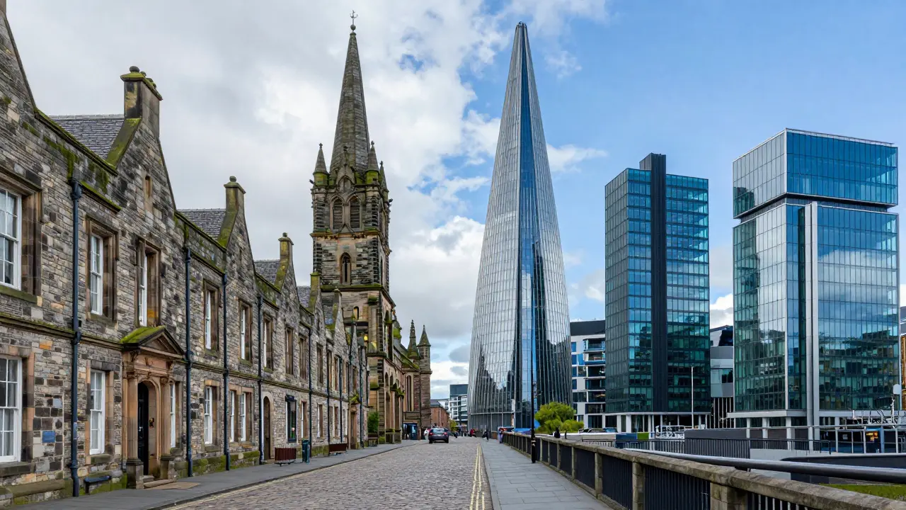 A blend of historic medieval college towers and modern glass skyscrapers in Aberdeen.